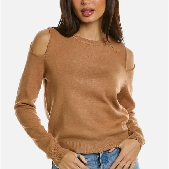 Monrow Supersoft Knit Sweater Cut Out Shoulders Top Soft Brown Size L Neutral - Picture 1 of 14